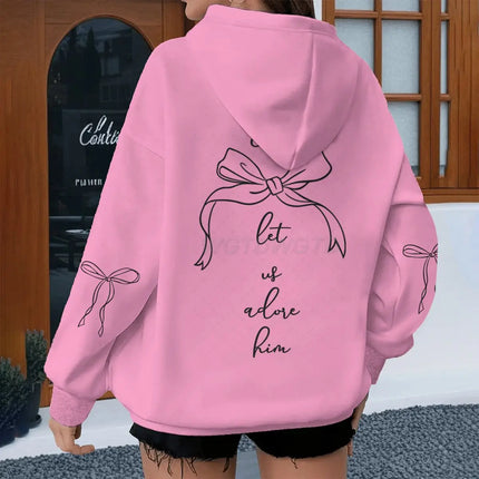 Coquette Bow Print Bible Verses Hoodies "Come Let Us Adore Him" Hoodie Fashion Women Vintage Fun Christian Jesus Hoody