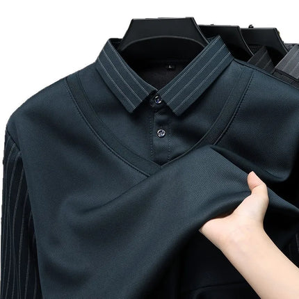 Men's Winter Thickened Fleece Lined Knitwear Polo Shirt Long Sleeve Loose Fit Solid Color Thermal Base Layer Two-Piece Look