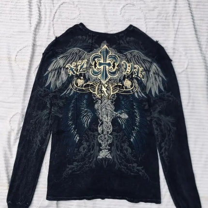 Fashionable men's autumn personalized skull letter print micro elastic comfortable long sleeved T-shirt outdoor street style top