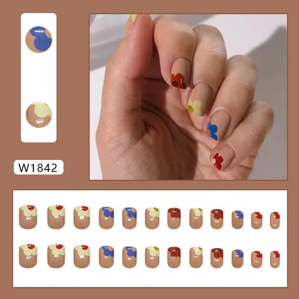 Dark Brown Flowers 24 Pcs Press-on Nails Pink Nail Polish Glossy Artificial Finger Manicure Reusable False Nails