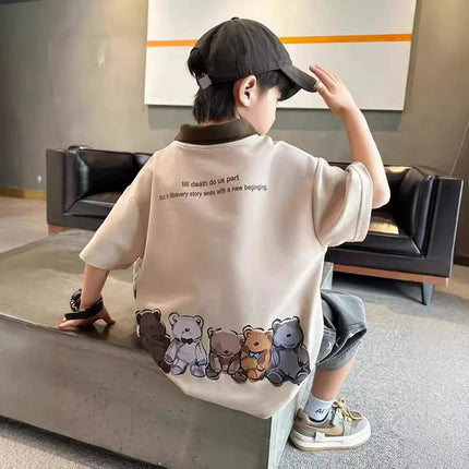 Boys Summer Cartoon Print Polo Shirt 5-14 Years Fashion Short Sleeve Cotton Sport T-shirt Casual Letter Top for Kids
