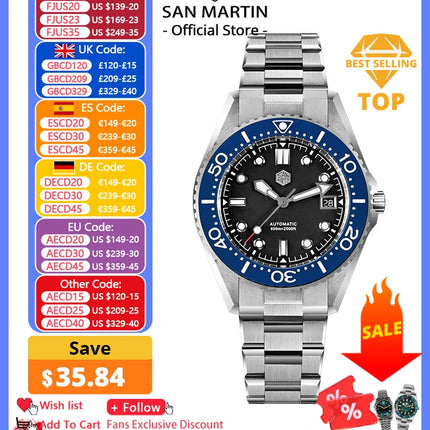 San Martin Upgraded 41mm Waterproof 600m Classic Men Diver Watch Helium Escape Valve ST 2130 Automatic Mechanical Watches SN0036
