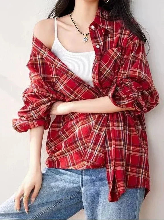 Retro Red Plaid Long Sleeve Women's Shirt Loose Fit Autumn Summer New Style Casual Fashion Open Cardigan Slimming Top Coat