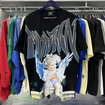 MIXED EMOTION Rhinestone Short Sleeve Men Women Tshirt Streetwear Cotton Loose Round Neck Top Tees Oversized Tee Top Trendy