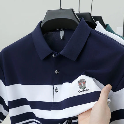High end brand embossed men short sleeve polo shirt fashion stripe color blocked summer ice silk breathable luxury Paul T-shirt