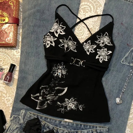 Sexy Streetwear Women Printing Tank Top Y2k Aesthetic Lace Patchwork Vintage Tanks Harajuku Bodycon Backless Camisole Summer