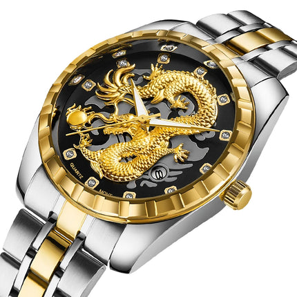 WLISTH Men's Watch 3D Golden Dragon Original Quartz Watch for Men Dragon Dial Waterproof Luminous Date Stainless Steel Watches