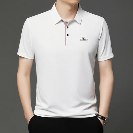 New Men's Business Casual Short-Sleeved Shirt with Badge, Solid Color Polo Shirt, Fashionable, Breathable, Comfortable, Versatile Top