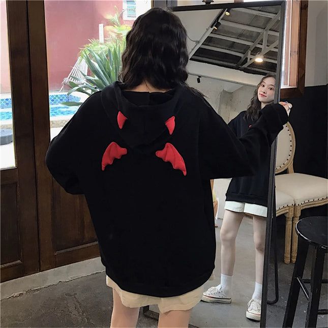 Clothes Retro Charm Personality Hoodies Devil Horns Sweatshirts Zip Up Hoodie Loose Pullovers Long Sleeve Tops Streetwear