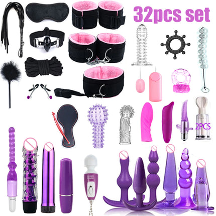 BDSM SexLove Set Kits Adults Sex Toys for Women Men Handcuffs Nipple Clamps Whip Spanking Sex Metal Anal Plug Vibrator Butt