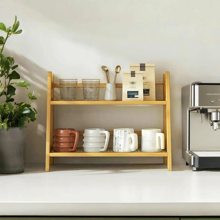 2 Tier Wicker-Look Coffee Station Organizer, Bamboo Mug Holder Countertop, Kitchen Counter Shelf for Tea Coffee Bar Accessories