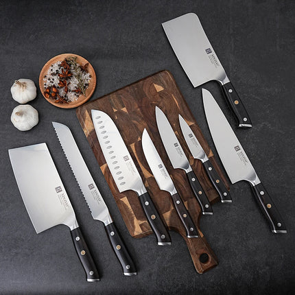 XINZUO Premium Modern 1-8PCS Din 1.4116 Stainless Steel Chef, Santoku, Utility & Paring Knife Set with Black Ebony Handles
