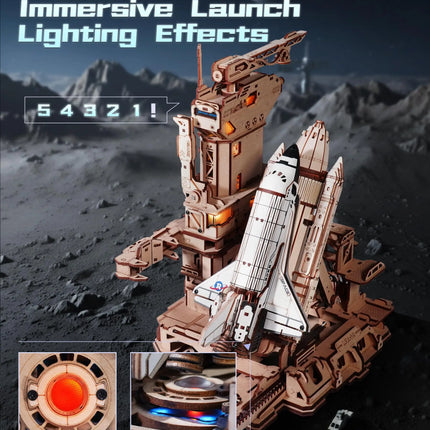 Robotime Space Shuttle 3D Wooden Puzzle Moving Rocket Launch Tower with Lights Mechanical Building STEM Project for Adult Teen