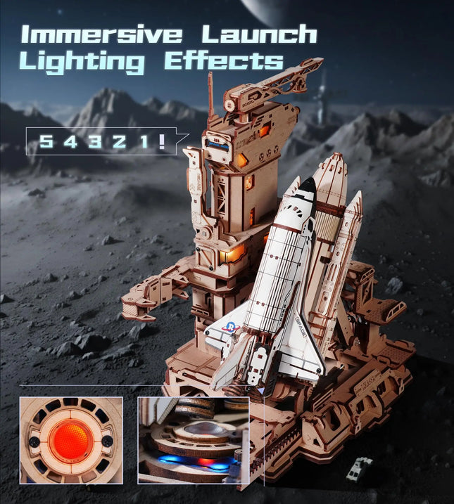 Robotime Space Shuttle 3D Wooden Puzzle Moving Rocket Launch Tower with Lights Mechanical Building STEM Project for Adult Teen
