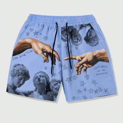 European and American men's summer luxurious statue print comfortable breathable drawstring shorts outdoor vacation casual pants