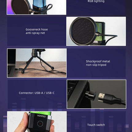 Gaming Computer Professional Condenser Microphone Mic PC Laptop USB Wired Live Streaming Podcast Studio Mike Kit Gamer Karaoke