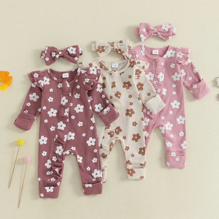 Toddler Baby Girl Floral Jumpsuit with Headband 2Pcs Clothing Knitted Set Children Long Sleeve Bodysuits Kids Sleepwear Overall