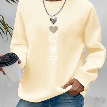 Women's Casual Heart Print Pullover Sweatshirt Geometric Design Long Sleeve Round Neck Machine Washable Regular Fit for Autumn
