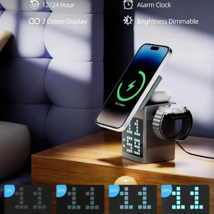 Foldable Magnetic Wireless Charger 6 in 1 Bluetooth Speaker & Alarm Clock & Cartoon Pixel For iPhone 16~12 iWatch Airpods 3 Pro