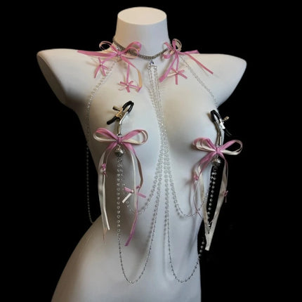 New Pink Tassel Bow Nipple Clips Bell Body Chains Erotic Accessories Detachable One-Piece Necklace Fetish Adult Sex Toys Breast