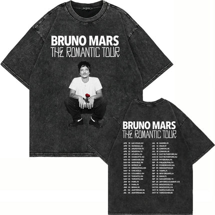 100% Cotton Vintage Washed Bruno Mars The Romantic Tour 2026 T Shirt Fashion Men Aesthetic Oversized Loose Acid Wash Tees Shirts