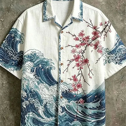 New Wave Cherry Blossom Printed Short Sleeve Shirt Texture Men's Travel and Leisure Versatile Short Sleeve Top