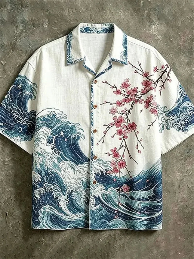 New Wave Cherry Blossom Printed Short Sleeve Shirt Texture Men's Travel and Leisure Versatile Short Sleeve Top