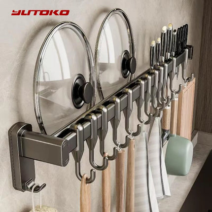 Kitchen Storage Rack Non-perforated shelves Wall Mounted with Movable hook Spoon Holder Organizer Kitchen Utensil Accessories