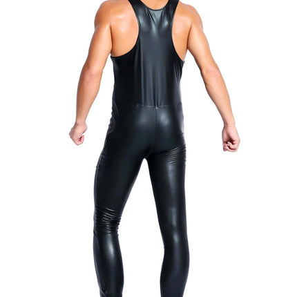 Men Sexy Shiny PVC Faux Leather Bodysuit Front Zipper Open Crotch Wet Look Latex Jumpsuits Stretch Bodystocking Erotic Clubwear