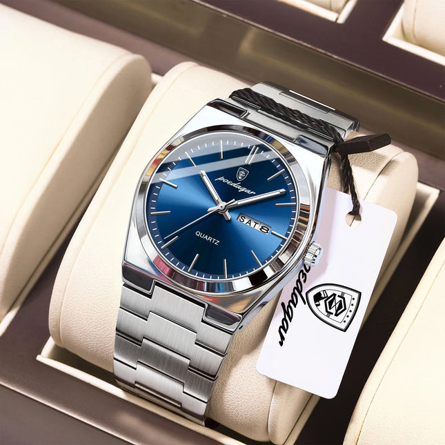 POEDAGAR Fashion Casual Man Wristwatch Waterproof Luminous Date Week Men's Watches Stainless Steel Quartz Business Men Watch+Box