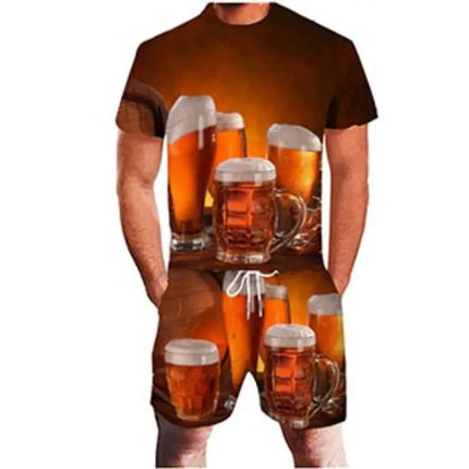 3D Beer Print Sport Moisture-Wicking Breathable Men T-Shirt Shorts Fun Cool Street Cosplay Casual Fashion Trend Pants Set Summer