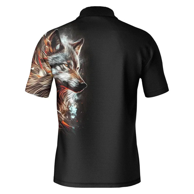 Street-style Wolf pattern men's polo shirt, summer T-shirt, short-sleeved animal print hip-hop T-shirt, plus-size casual polo sh