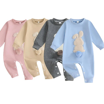Spring Infant Rompers Girls Boys Plush Bunny Embroidery Long Sleeve Cotton Jumpsuits Clothes Easter Party Rabbits Baby Bodysuits
