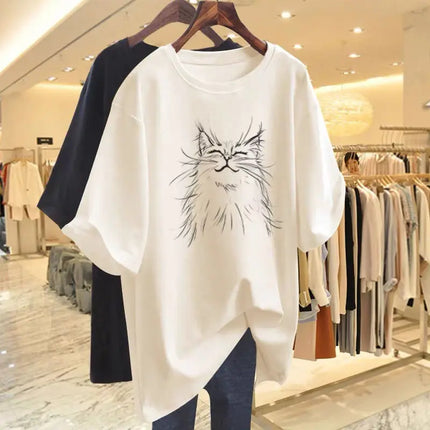 Women Fashion Cat Animal Printing T-shirt Summer Cotton O-Neck Short Sleeve Basic Top Tee Office Lady Casual Loose Pullover M-6XL