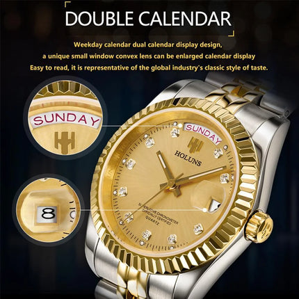 Holuns Luxury Classic 36/41mm Gold Men's Watches Japan MIYOTA Quartz Movt Stainless Steel Classic Business Wristwatch Waterproof