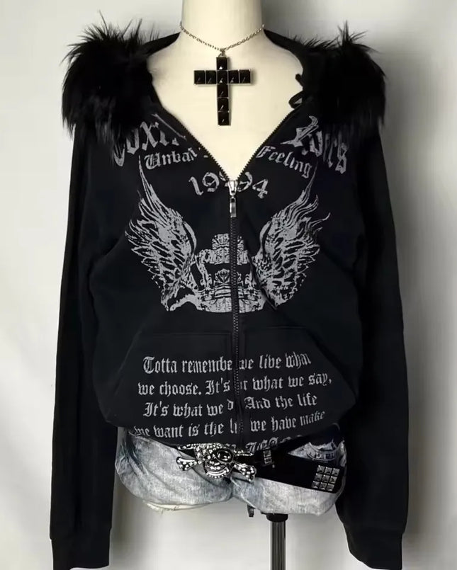 Y2K Street Retro Women Black Fur Collar Zip Up Hoodie Gothic Wing Crown Letter Print Fur Collar Trendy Hip Hop Casual Hoodie
