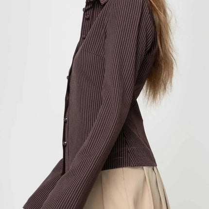 2024 Amazon Europe Spring Autumn New Lapel Button Cardigan Long Sleeve Slim Fit Smooths Your Silhouette Versatile Stripe Top