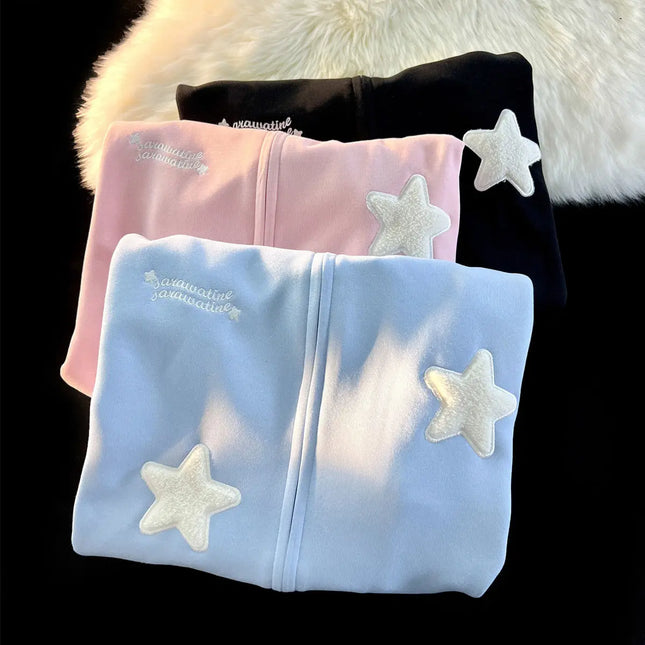 American Vintage Star Patchwork Angel Wings Zipper Hooded for Women Autumn Winter Casual Loose Long Sleeved Cardigan Sweatshirt