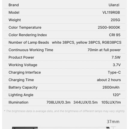 Ulanzi VL119 Handheld RGB Colorful Stick Light 19.68 inch Handheld LED Light Wand CRI 95+ 2500K-9000K Photography Studio Lamp