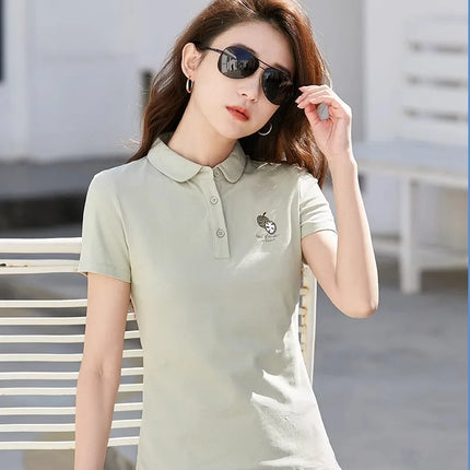 Korean version pure cotton lapel short sleeved women's T-shirt summer new high-end polo shirt embroidered casual plus size top