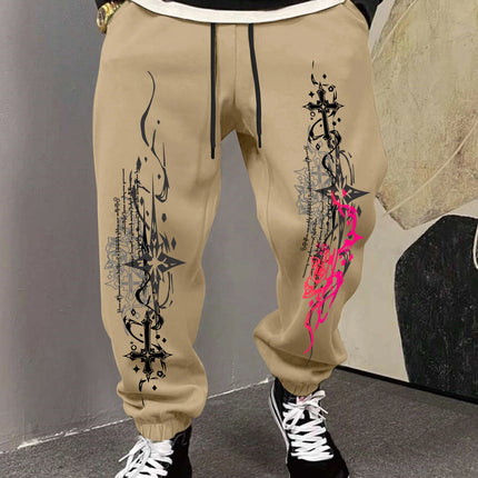 Vintage Contrast Cross Tribal Print Khaki Jogger Pants Men Elastic Cuff Drawstring Tapered Gothic Daily Street Sweatpants