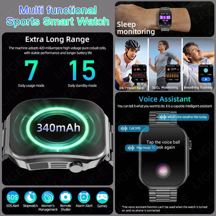 LIGE New 2.2-inch 3D Curved Screen Smart Watch With LED Light Thermometer Health Monitor Smartwatch BT Call Sports Fitness Watch