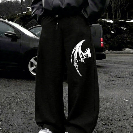 Mens Dark Gothic Spider Bat Wing Print Baggy Wide Leg Sweat Pants Loose Straight Drawstring Hip Hop Street Joggers