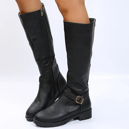 Women Knee High Boots Platform Long Boots Low Heels Round Toe Shoes New Zip Brown High Boot Vintage Pu Leather Women Boots 2025