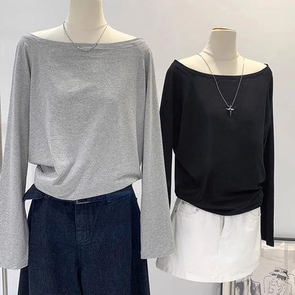 One Shoulder Cotton Slant Shoulder Long Sleeve Women's Interior-Style Wide Truffle Shoulder Base Autumn Winter Shirt