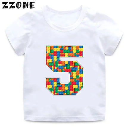 Building Blocks Bricks Number Bow Print Cartoon Boys Clothes 1 2 3 4 5 6 7 8 9 Years Birthday Kids T-shirt Baby Girls T-Shirts
