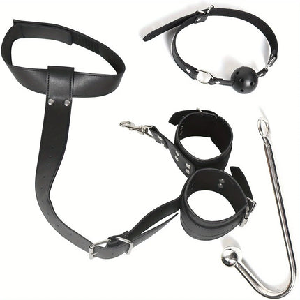 BDSM Bondage Kit Anal Hook, Neck to Wrist Behind Back Handcuffs Collar with Anal Trainer & Ball Gag, Bed Restraints SM Games Too
