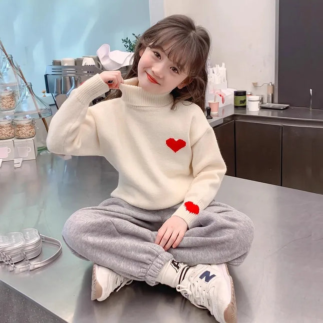 Girls' High Neck Velvet Winter Collection Children's Love Knitted Top Girls' Winter Thick Base Knitted Sweater