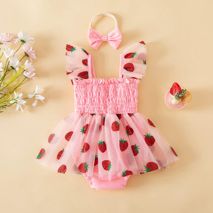 Baby Girls 2 Piece Outfits Comfortable Sleeveless Square Neck Strawberry Print Romper Dress and Bow Headband Set