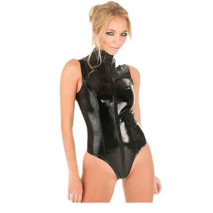 Latex Bodysuit High Cut Video Game Cosplay Costume Slim Fit Black Leather Fetish Wear Seductive Power Suit for Women Role Play